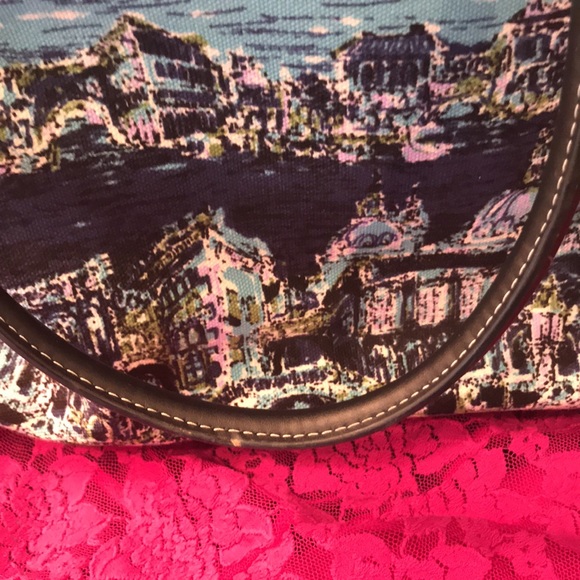 Talbots tote leather trim navy Scene print w/aqua - Picture 3 of 8